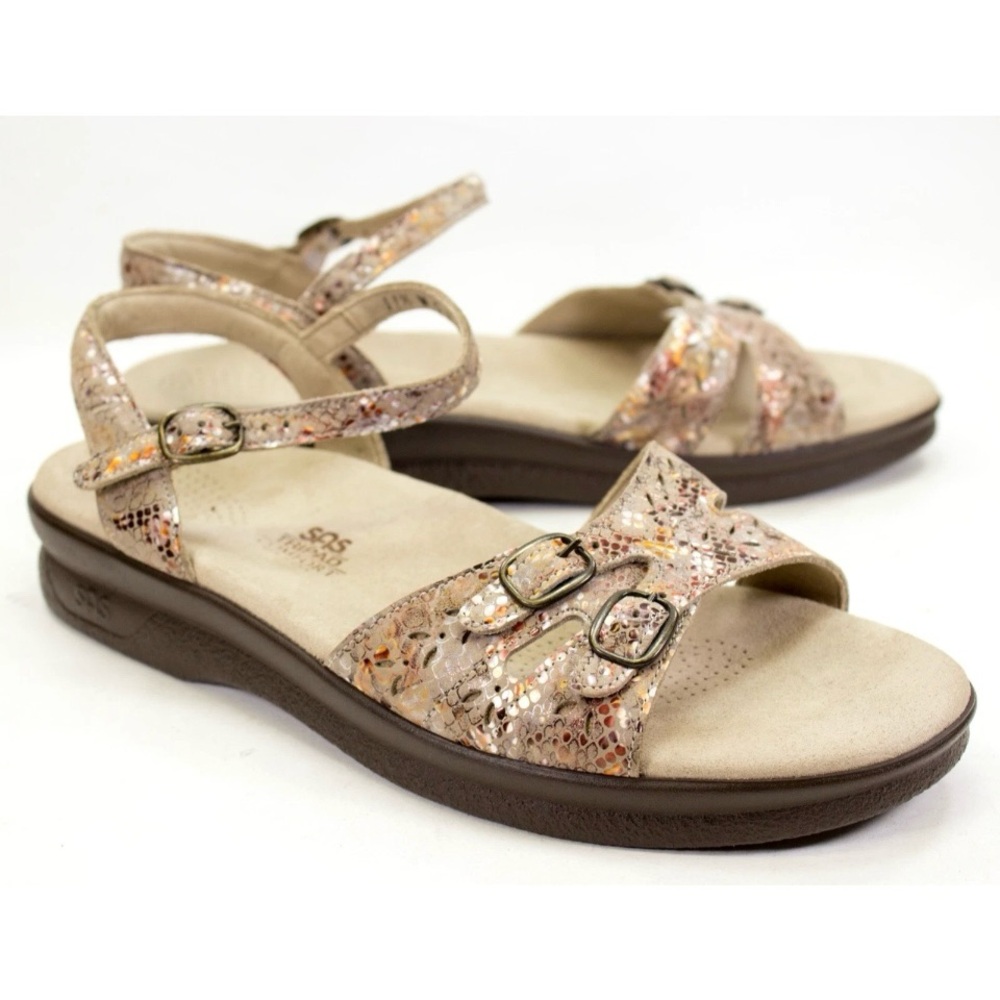 SAS Leather Duo AWomens US 11.5 Wide Adjustable Strap Sandals Multi Snake Taupe